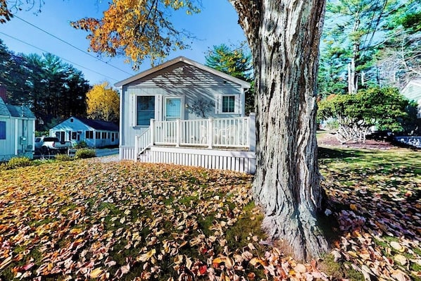 Ein kleines, eingeschossiges Haus mit Veranda, umgeben von Bäumen und einer mit Herbstlaub bedeckten Rasenfläche.