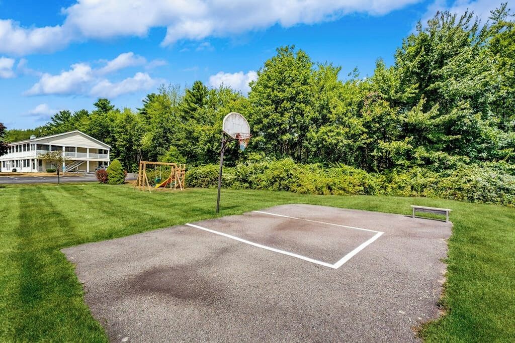A basketball court with a hoop, surrounded by a grassy area and trees.