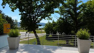 Un balcon donnant sur une route, des arbres et une étendue d’eau au loin.
