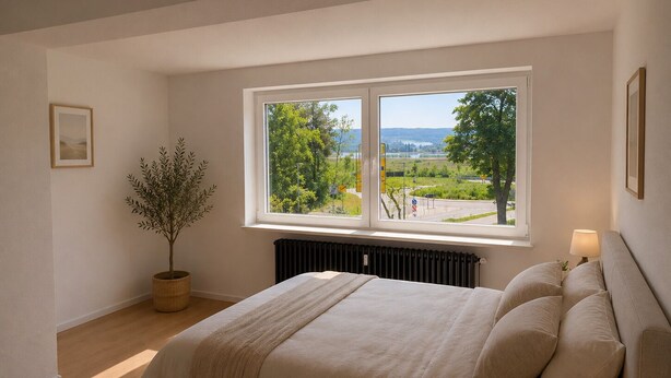 A bedroom with a large window, a bed, a radiator, a potted plant, and a lamp.