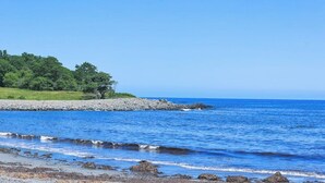 Un paisaje costero con costa rocosa, mar tranquilo y una zona cubierta de pasto con árboles.