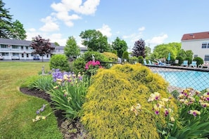 A pool area with lounge chairs, surrounded by well-maintained flower beds and a fence.