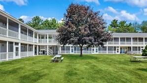 A motel with a central lawn, picnic tables, and a large tree.