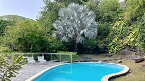 Uma piscina com borda curva, rodeada por vegetação e um cercado branco.