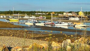 En småbåtshamn med förtöjda båtar, en byggnad med ett gult tak och en stenig strand.