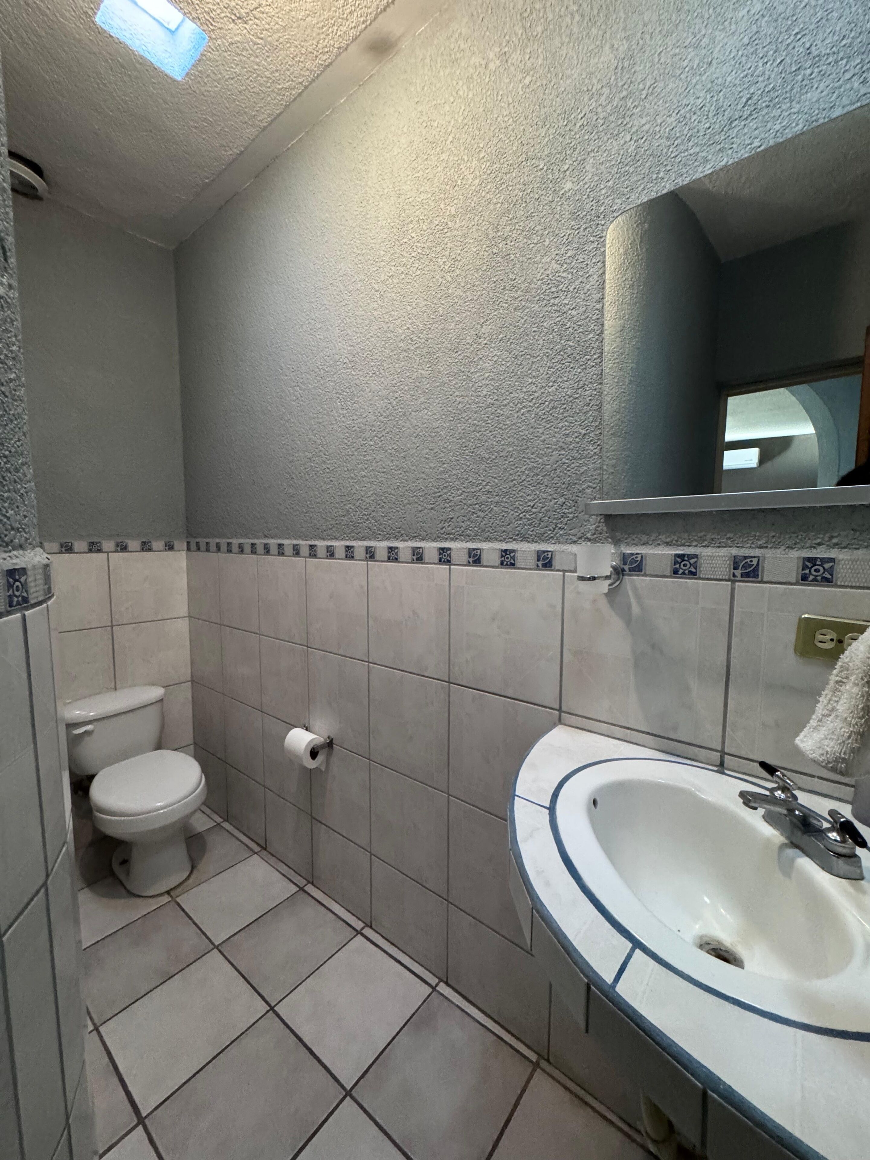 A bathroom with a toilet, a sink, and a mirror.