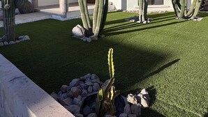 A modern building with a flat roof, a patio area with artificial grass, and several cacti. - Special house to spend a pleasant time (El Caballito)