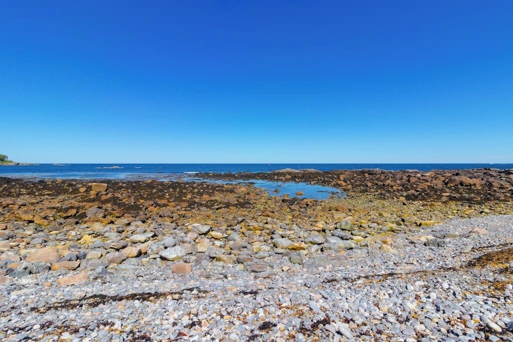 A rocky beach with clear blue sky.