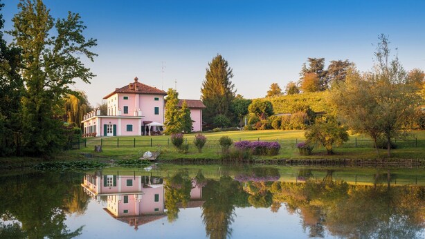 Ein großes, pinkfarbenes Gebäude mit Spiegelung in ruhigem Wasser, umgeben von Bäumen und einer grünen Wiese.