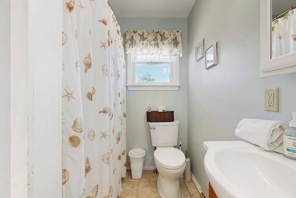 A bathroom with a toilet, a sink, a window with a view, and a shower curtain with a sea shell pattern.