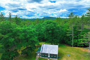 Ein grünes Haus mit geneigtem Dach, umgeben von dichtem Wald und Bergen im Hintergrund.
