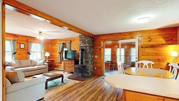 Ein Holzhütten-Interieur mit Sofa, Fernseher, Kamin, Esstisch und Holzwänden.