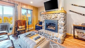 Een gezellige woonkamer met een stenen open haard, een flatscreen televisie en een ski-rek aan de muur.