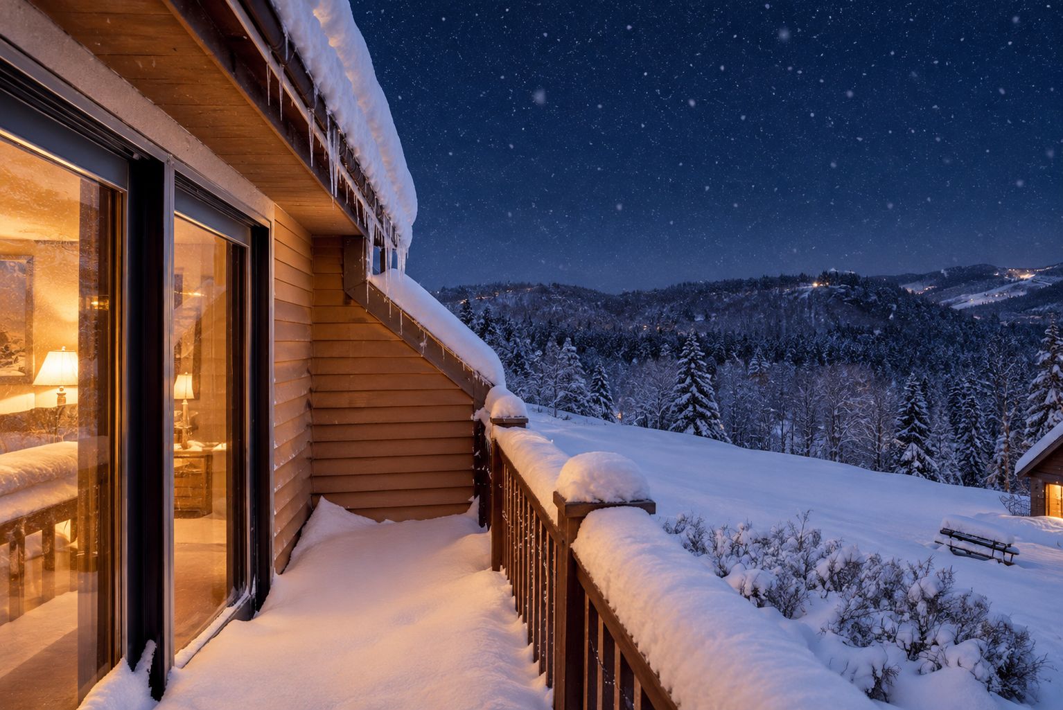 A snow-covered wooden staircase leading to a glass door entrance, with a snowy landscape and mountains in the background.