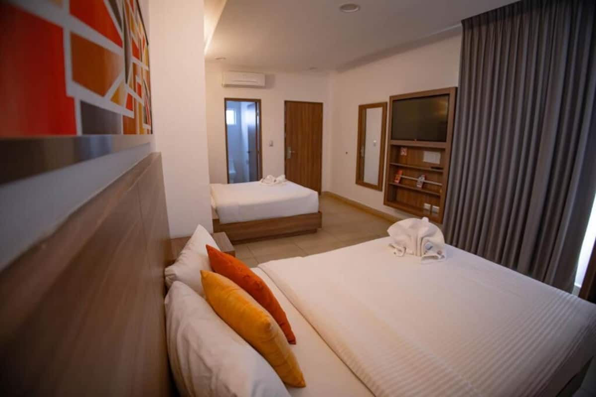 Habitación de hotel con dos camas, televisión, armario y puerta al baño.