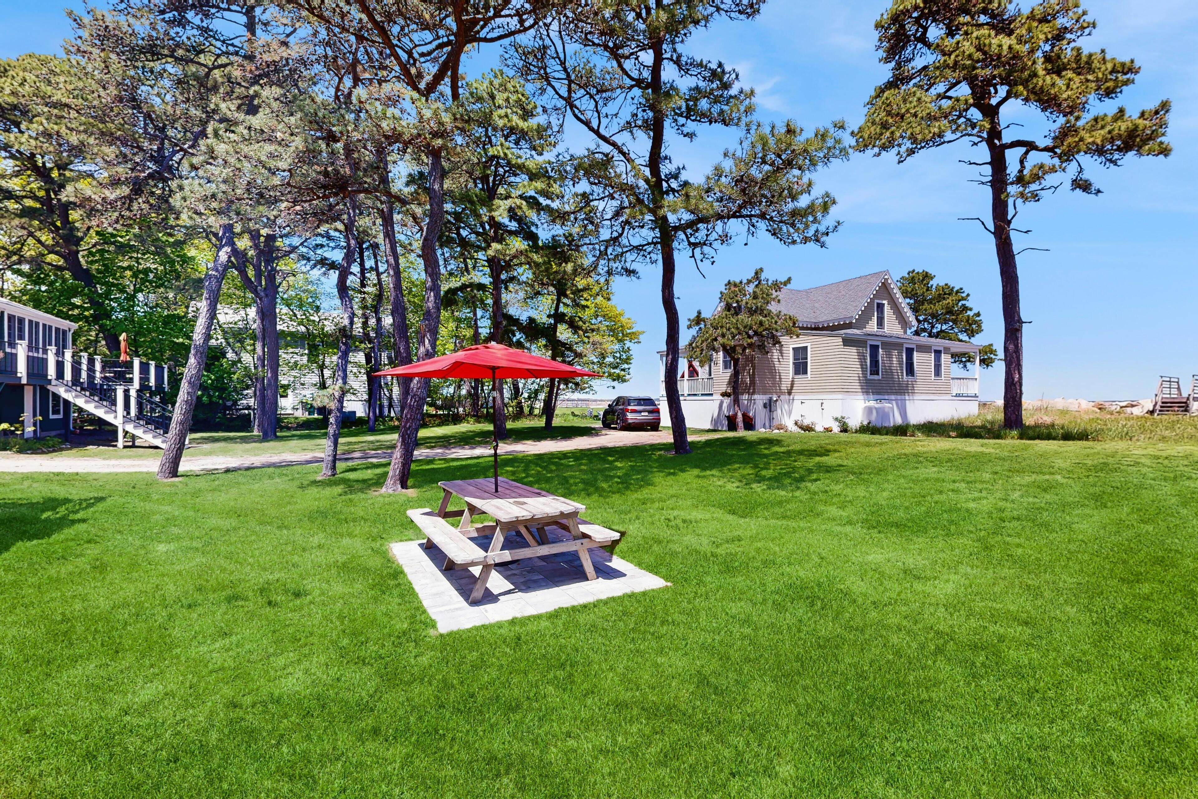 Une cour arrière verdoyante avec une table de pique-nique et un parasol, entourée d’arbres et d’une maison.