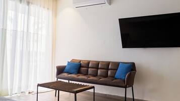 Una sala de estar con un sofá, una mesa de centro, un televisor de pantalla plana y un equipo de aire acondicionado.