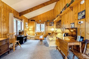A cozy cabin interior with wooden walls, a fireplace, a sofa, a desk, and a television. - MCM hideaway with entertainer's deck, dog-friendly yard, Ping-Pong & WFH desks (Franconia)