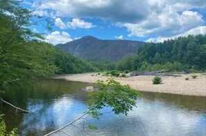 Ein Fluss mit einem Berg im Hintergrund und üppiger Vegetation an beiden Ufern.
