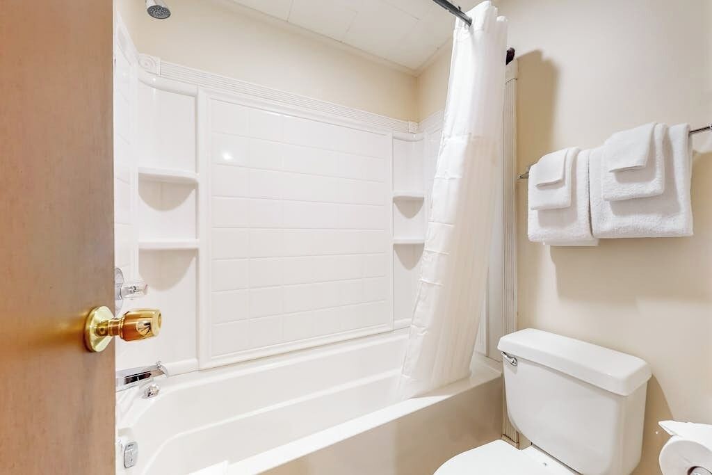 Une salle de bain avec une baignoire, des toilettes et un rideau de douche.