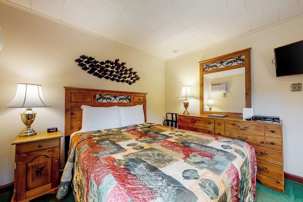 Een hotelkamer met een houten bed, een nachtkastje met een lamp, een dressoir met lades, een spiegel en een tv aan de muur.