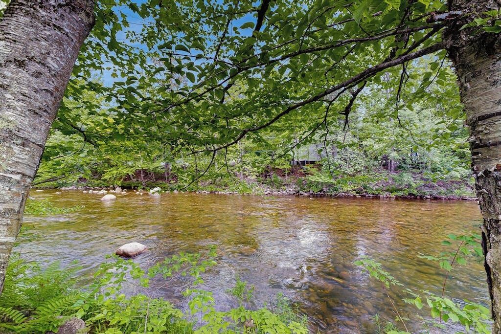 Un paysage naturel avec une rivière, des arbres et un ciel dégagé.