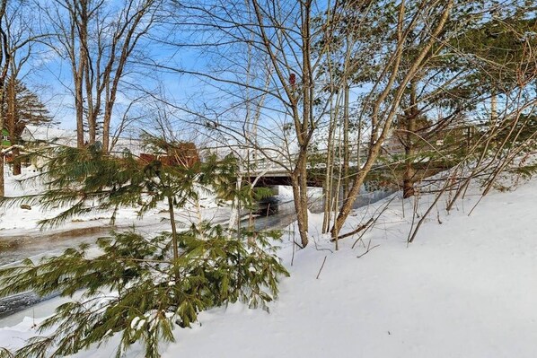 A snowy landscape with bare trees and a bridge.