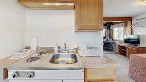 A compact kitchen with a stove, sink, and wooden cabinets. - Eclectic Studio Cabin w/ Kitchenette, Free WiFi, Riverfront Location & More (Lincoln)