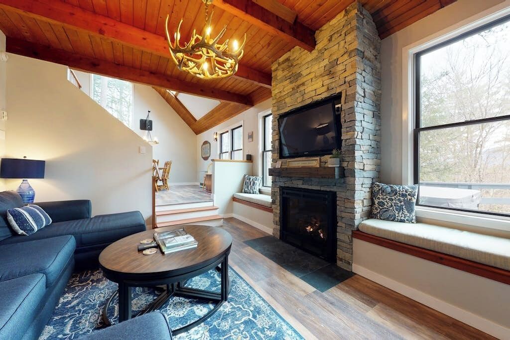 TV, fireplace, books, stereo