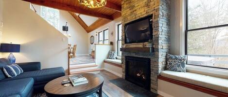 TV, fireplace, books, stereo