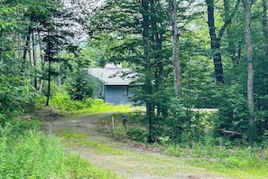 Una cabaña apartada rodeada de un bosque frondoso, accesible por un estrecho sendero de tierra.