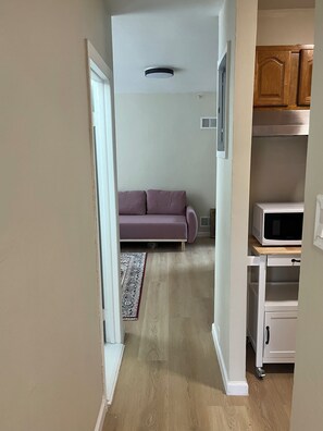 A hallway leading to a living area with a sofa, a microwave, and a cabinet. - Cozy 1-bedroom apartment in Rittenhouse Square, Philadelphia (Philadelphia)