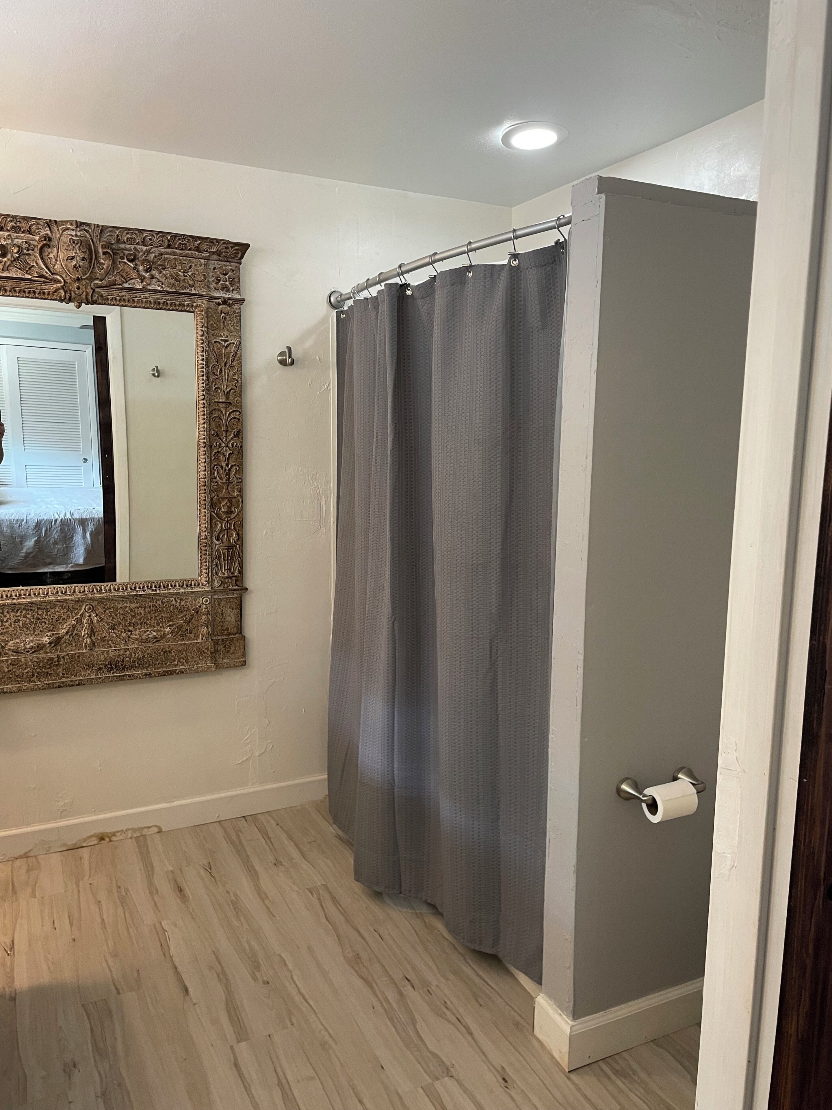 A bathroom with a wooden floor, a shower curtain, a toilet paper holder, and a mirror with an ornate frame.