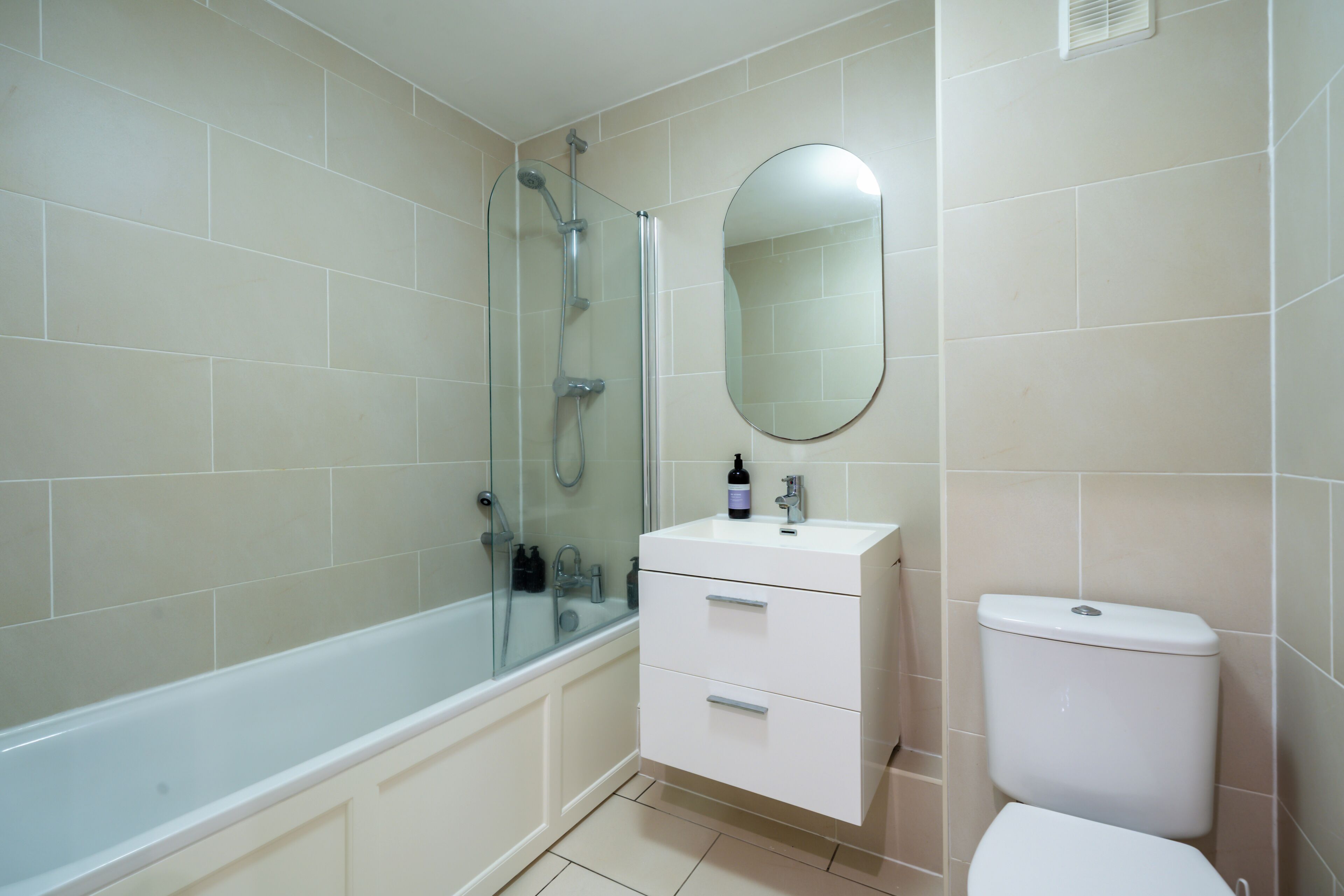 Hair dryer, towels, soap, shampoo