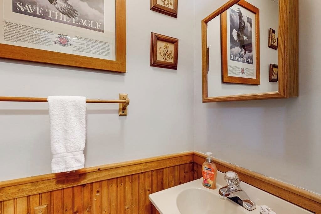 Une salle de bain avec un meuble-lavabo en bois, un lavabo blanc, un porte-serviettes et des affiches encadrées au mur.