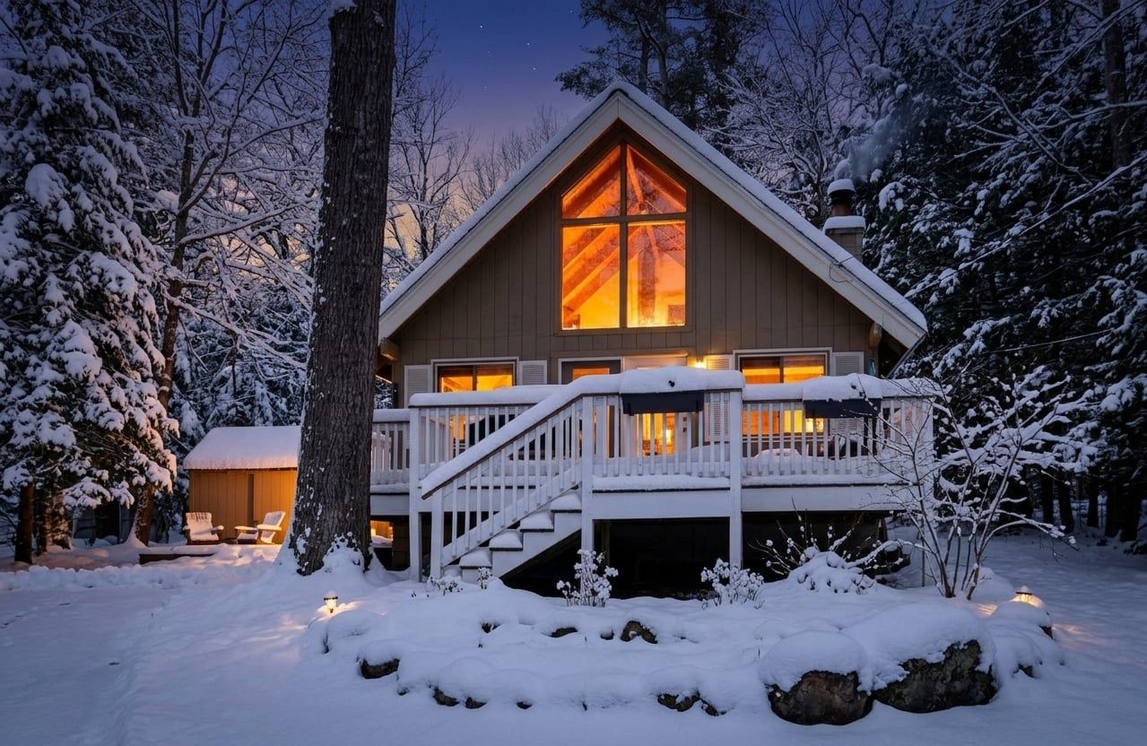 Une cabane dotée d’une grande fenêtre, d’une terrasse et entourée d’un paysage enneigé.