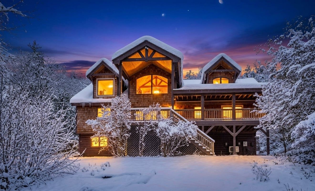 A log cabin with a warm interior light, surrounded by snow-covered trees.