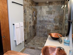 Hair dryer, bidet, towels, soap - Wooded Island Retreat: Hot Tub, Spa Shower & Ultimate Privacy Near Beach (Freeland)