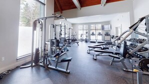 A gym with various exercise equipment, large windows, and a high wooden ceiling. - Renovated Ski-in/Ski-Out Condo w/ Shared Pools, Hot Tub, Sauna & Great Location (Dover)