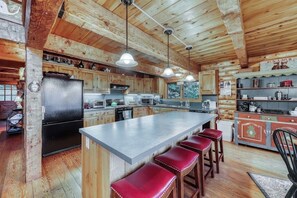 Fridge, microwave, oven, stovetop - Secluded Cabin w/ Private Hot Tub, Pond, Fire Pit, Free WiFi, Close to Skiing (Andover)