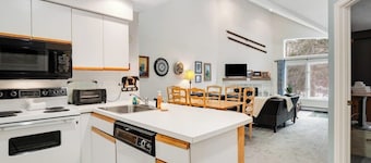 Slopeside condo with nearby skiing, balcony, fireplace, & washer/dryer