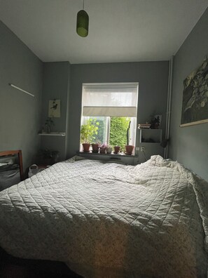 Ett sovrum med en stor säng, ett fönster med persienner, en hängande lampa och en hylla med krukväxter.