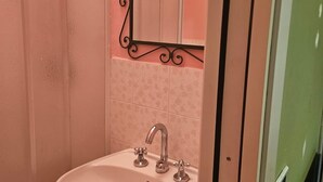 Un baño con un lavabo blanco, un espejo con marco decorativo y una zona de ducha.