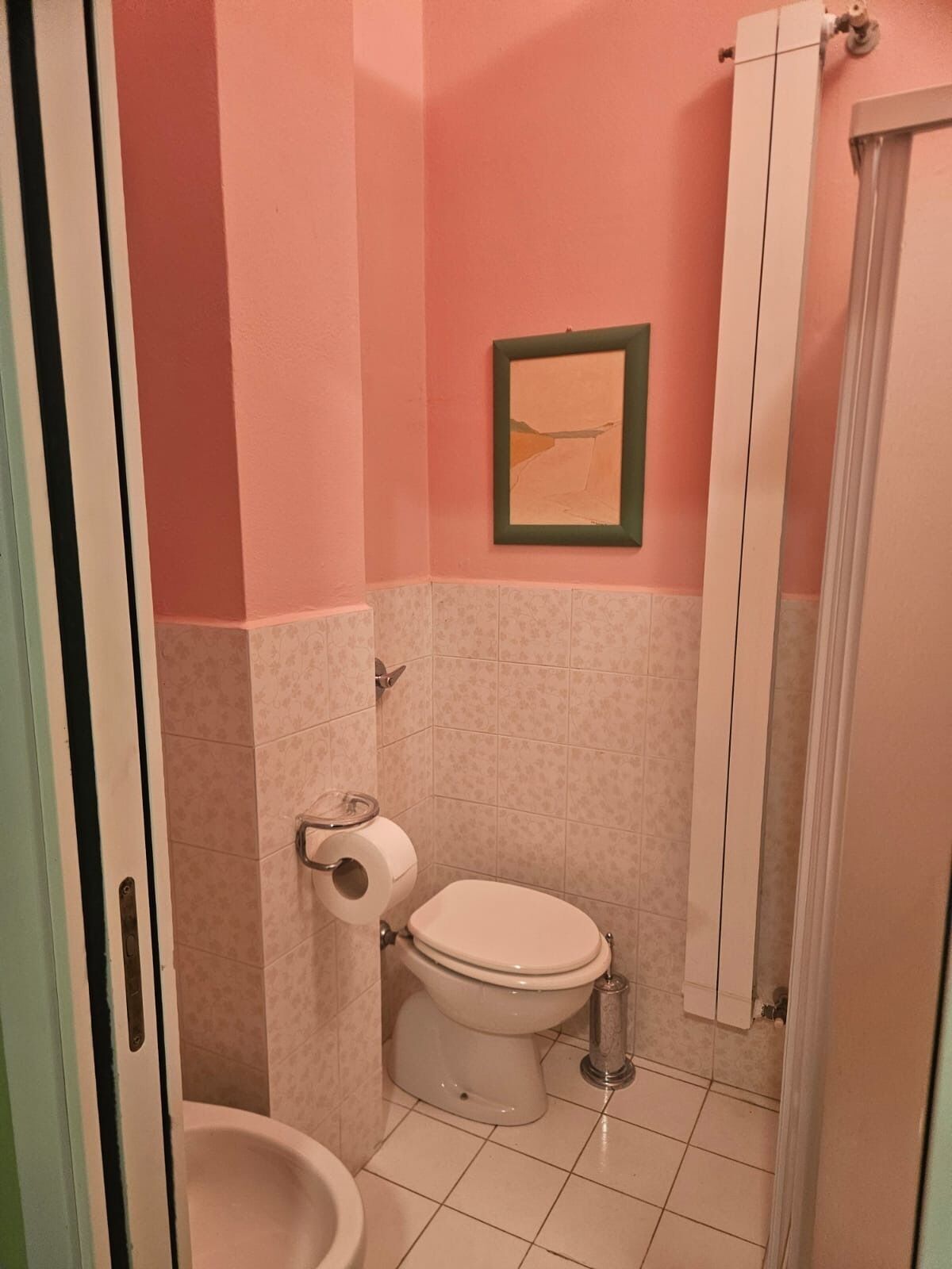 Et lille badeværelse med toilet, bidet og bruseforhæng.
