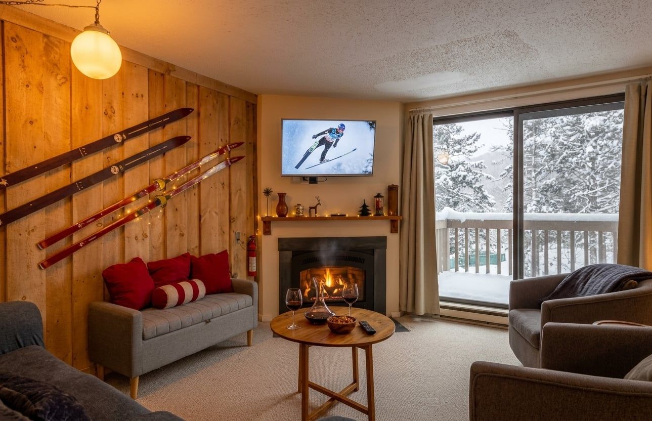A cozy living room with a fireplace, a television displaying a skier, and a balcony with a snowy view.