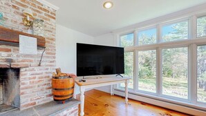 Een kamer met een haard van baksteen, een televisie op een witte standaard en grote ramen met uitzicht op bomen.