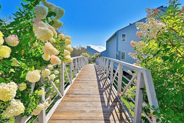 Eine Holzbrücke mit weißen Geländern, die zu einem blauen Haus führt.