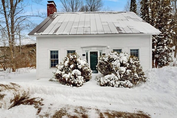 A white house with a gabled roof, a front door, and two snow-covered bushes.