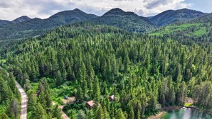 Uma área arborizada com um lago, uma estrada e alguns edifícios.