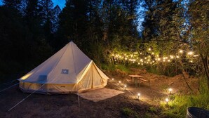 Uma tenda com uma mesa e luzes de cordão numa floresta.